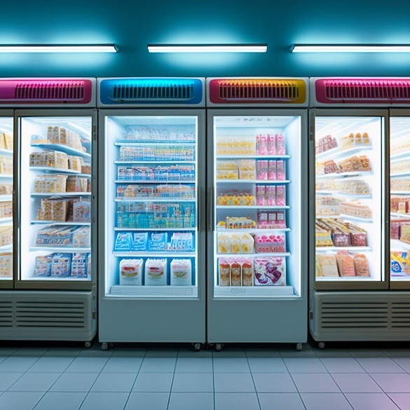 A close-up of commercial freezers with frozen food inside.